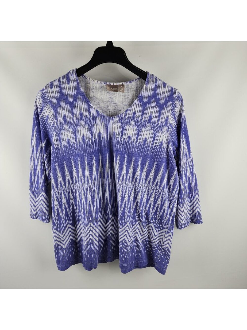Chico's Shirt Womens 3=XL Purple White Ikat Abstract Pattern V-Neck Blouse
